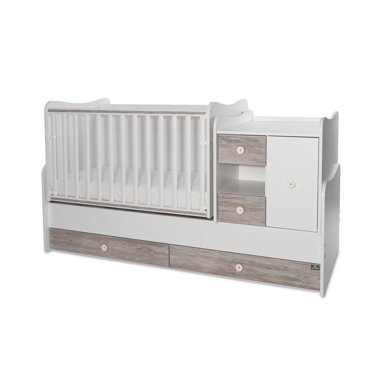 BABYBETT Mini Max 3 in 1 weiß grau 120 x 60 cm, Jugendbett 190 x 72 cm, Wickelkommode, Schaukelfunktion - Grau, Holzwerkstoff (72/190cm) - Lorelli