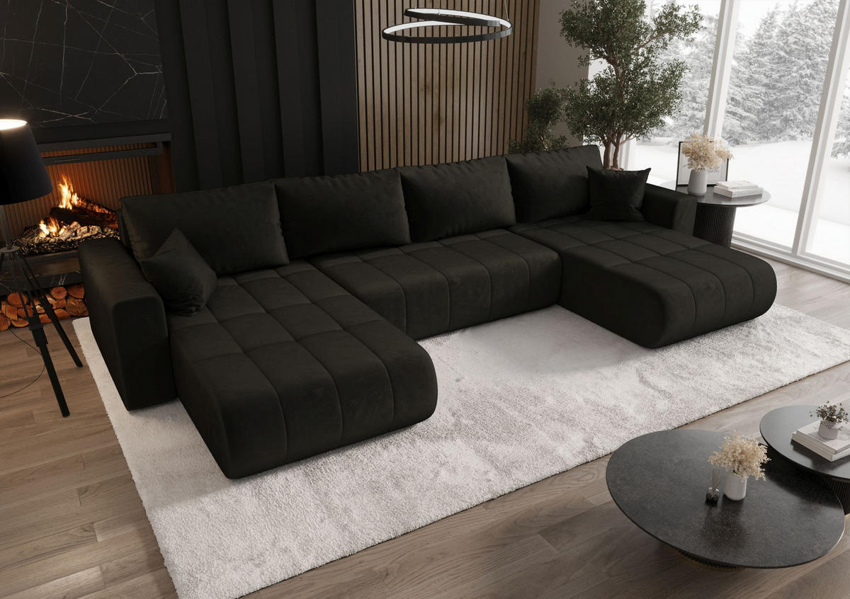 WOHNLANDSCHAFT LARA U-Form graphit Velours Monolith 95 - Schlaffunktion, Bettkasten - Anthrazit, Textil (385/85/175cm) - Cornero