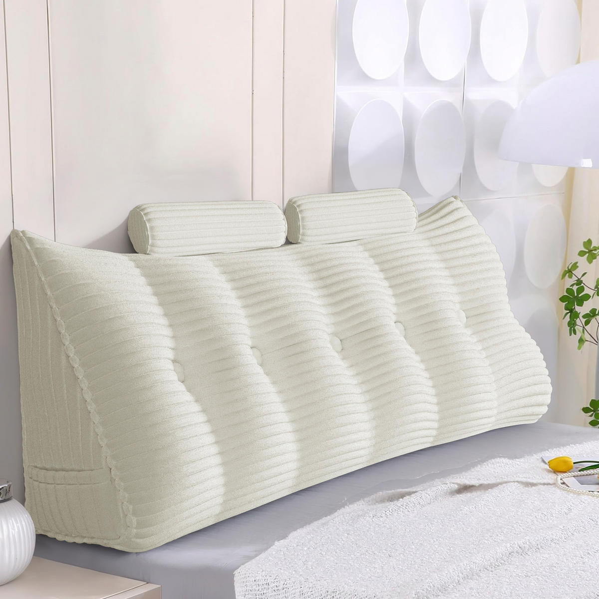 KEILKISSEN mit einem runden Kissen 3er-Set Gestreifter Samt Weiß 160cm - Weiß, Textil (20/160cm) - Vercart