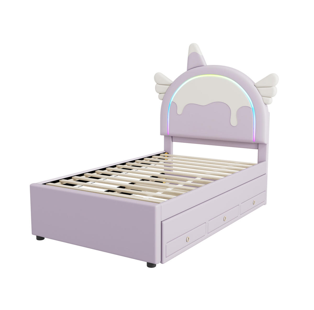 KINDERBETT aus PU und MDF 90x200 cm Violett in Einhornform mit Ausziehbett und Schubladen - Violett, Kunststoff (90/200cm) - IVMEU