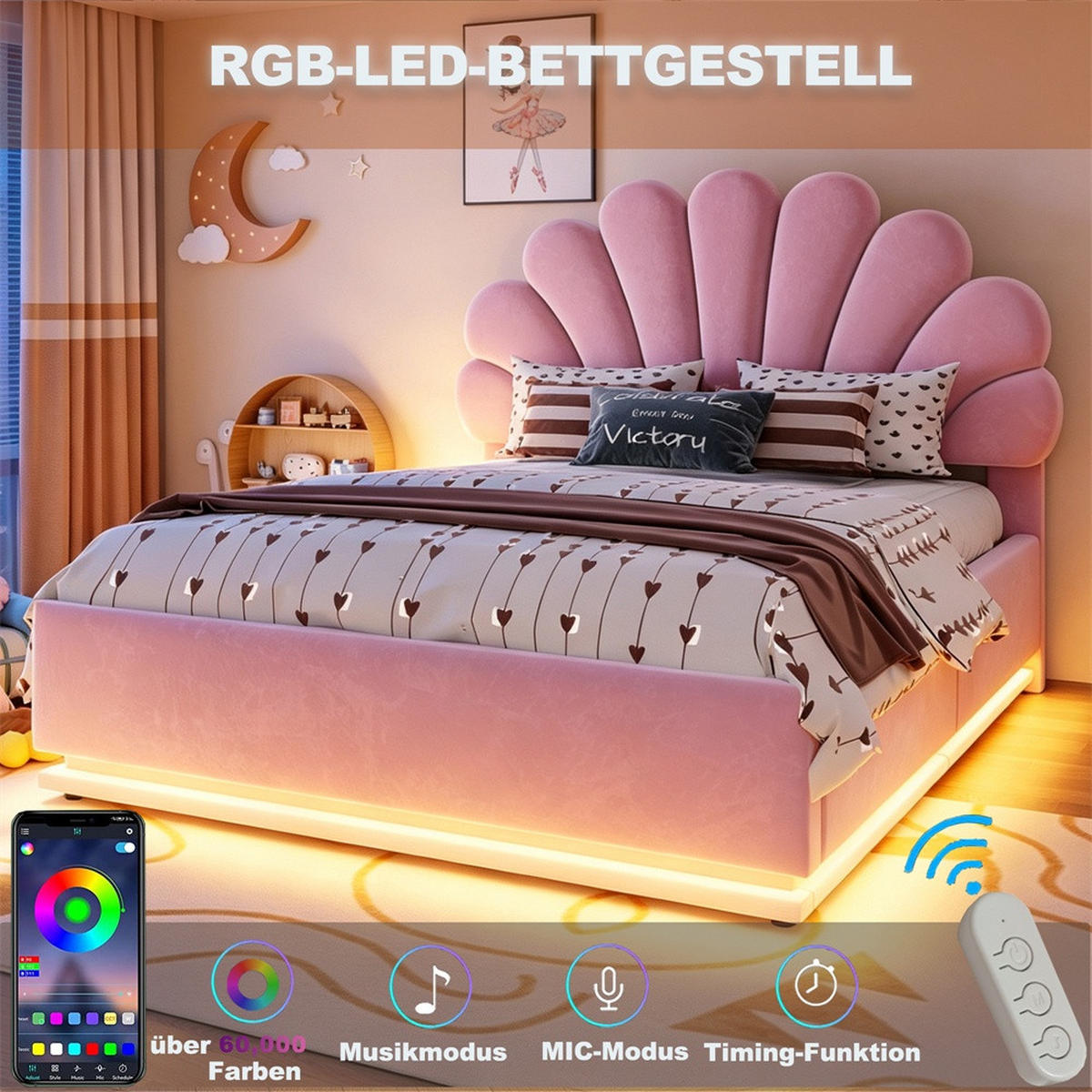 POLSTERBETT 140x200 cm mit Blüten-Kopfteil - LED Beleuchtung & hydraulischem Stauraum - Rosa - ohne Matratze - Pink, Textil (140/200cm) - DELFA