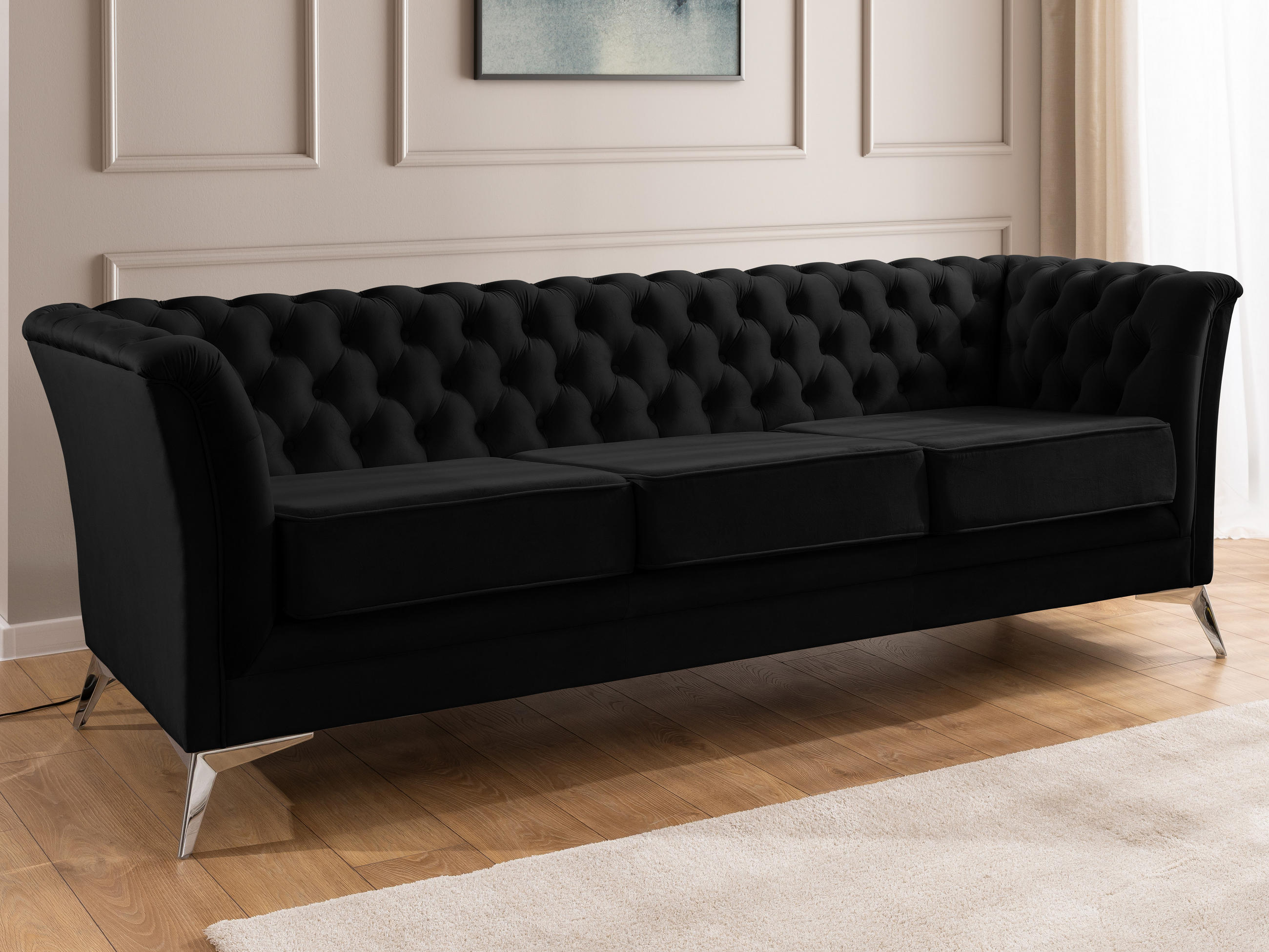 CHESTERFIELD-SOFA 3-sitzer Whitby Schwarz Samt mit silbernen Füßen - Silberfarben/Schwarz, Holz/Textil (237/78/82cm) - S-Style Möbel