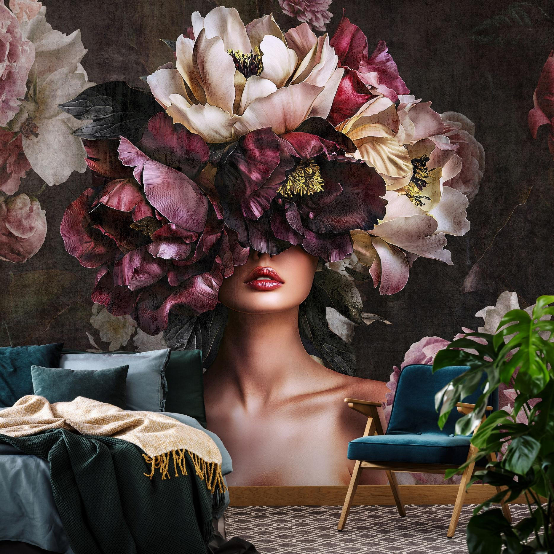 FOTOTAPETE Frau Blumen Vlies Tapete Wohnzimmer Schlafzimmer 200x140 - Multicolor, Papier (200/140cm) - Wallarena