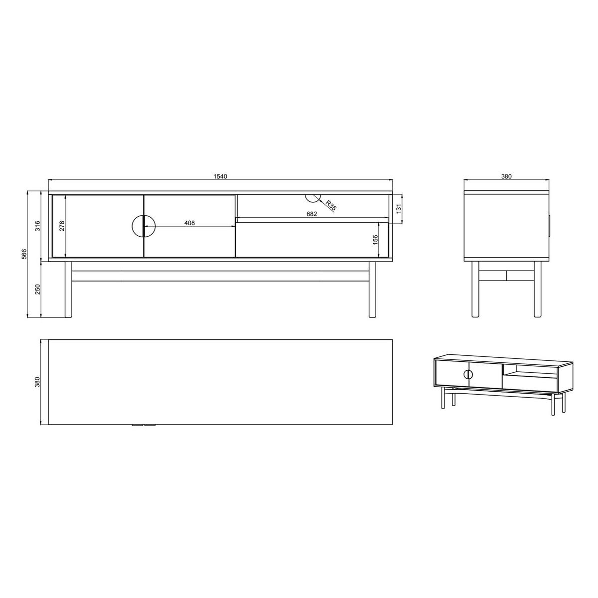 TV-LOWBOARD Stoon II SCHWARZ 154 CM - Goldfarben/Schwarz, Holzwerkstoff/Metall (154/57/38cm) - Selsey