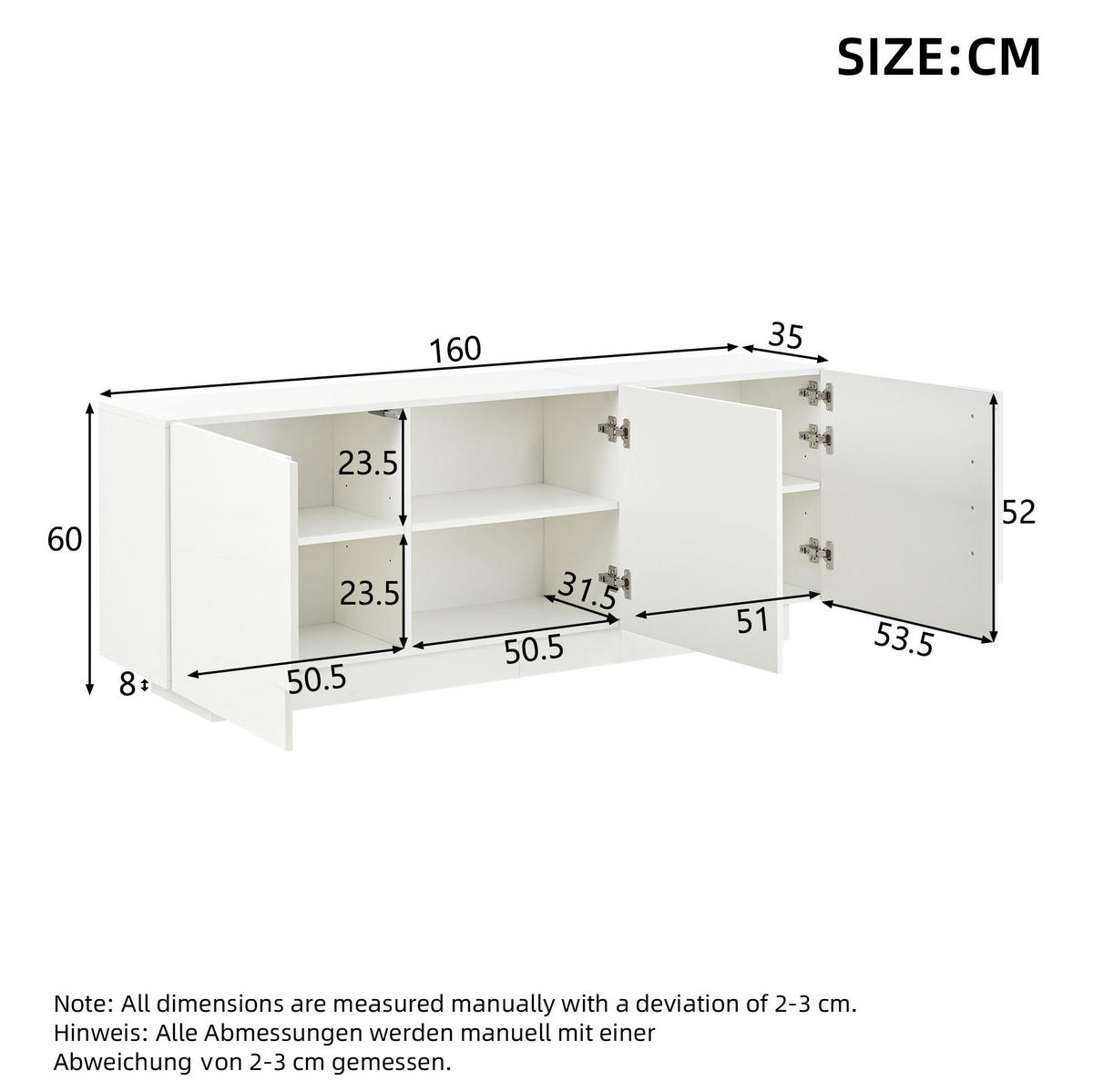 SIDEBOARD 160/35/60 cm weiß aus Spanplatte mit Hochglanzfronten - Weiß, Holzwerkstoff (160/60/35cm) - OKWISH