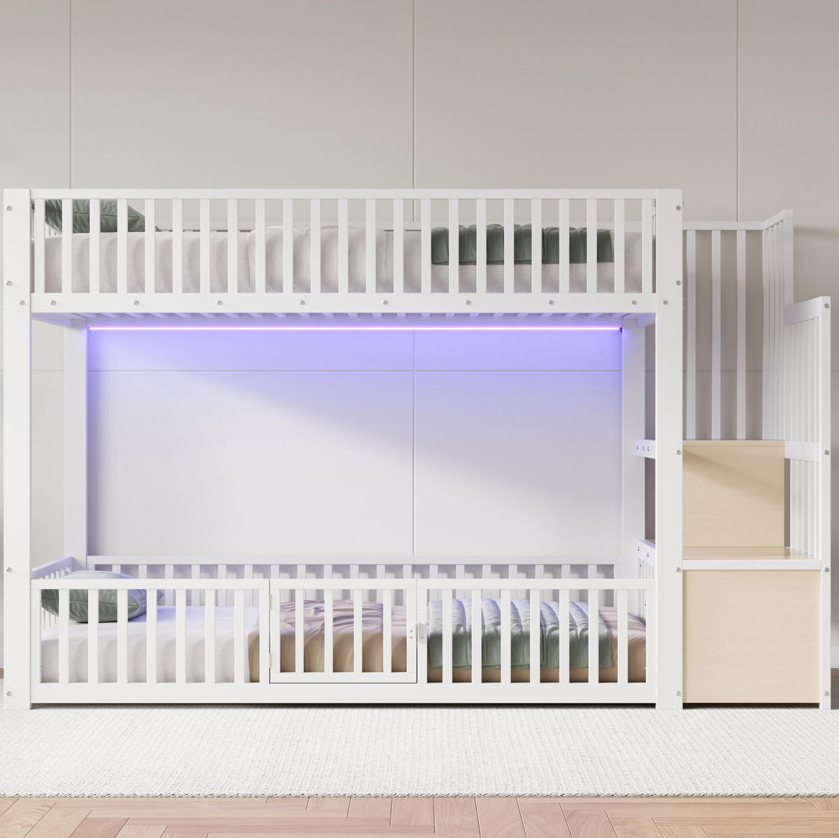 ETAGENBETT aus MDF und Metall 90x200 cm Weiß mit LED-Beleuchtung, Stauraumleiter und Schutzgittern - Weiß, Holzwerkstoff (90/200cm) - Modfu