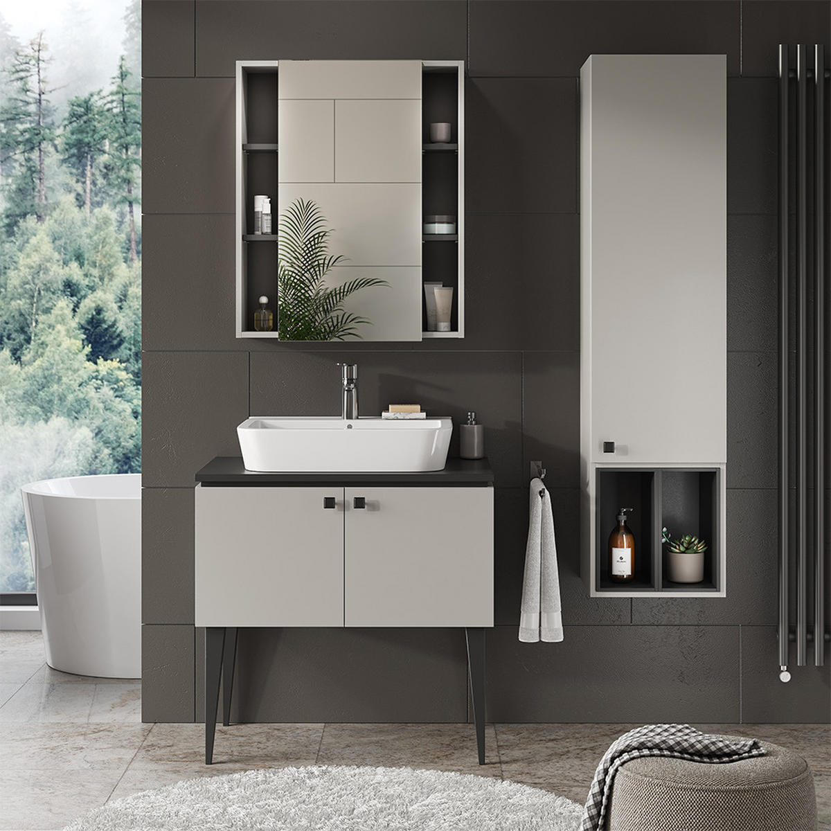 BADMÖBEL-SET Gerta Grau 3 Teile, Hängeschrank 1 Tür - Schwarz/Grau, Holzwerkstoff (80/79/50cm) - Vicco