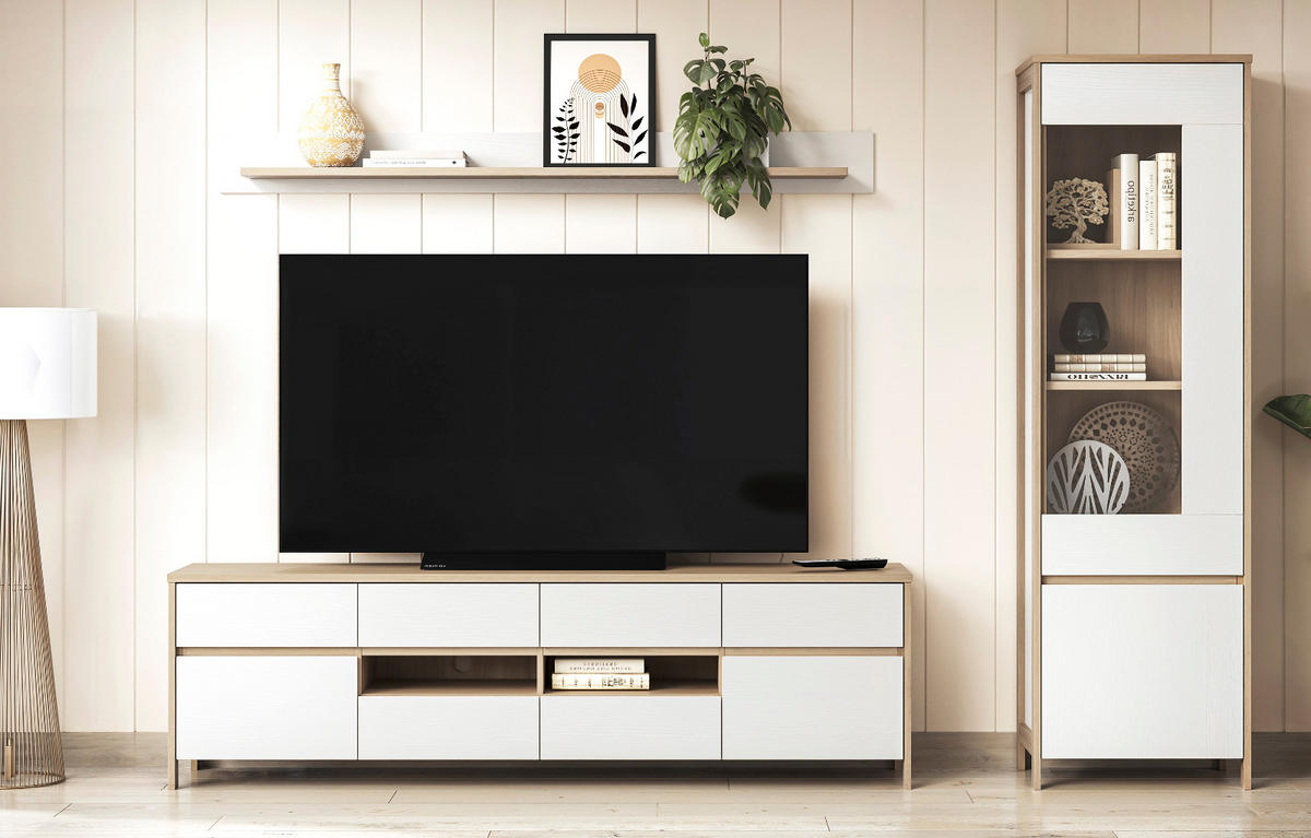 WOHNWAND weiß, Eiche, Wohnkombination skandinavisch 3-teilig 266 cm, Soft-Close, Finnes - Eichefarben/Weiß, Holzwerkstoff/Metall (266/195/39cm) - Furn.Design