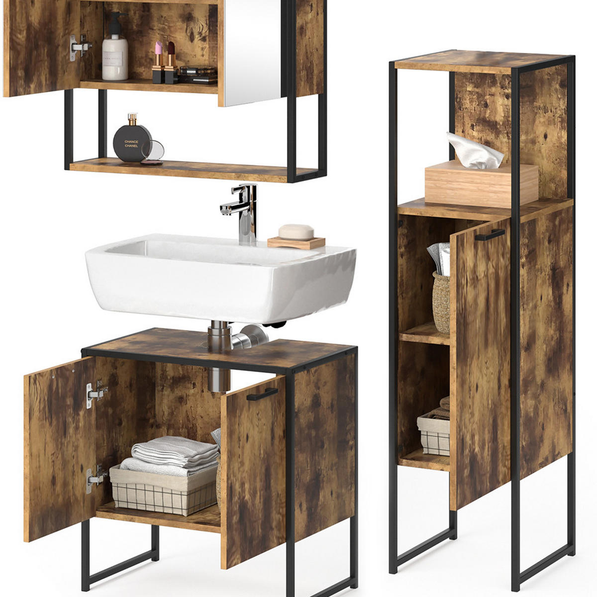 BADMÖBEL-SET Fyrk Antikholz 3 Teile - Alteiche/Schwarz, Holzwerkstoff (60/60/33cm) - Vicco