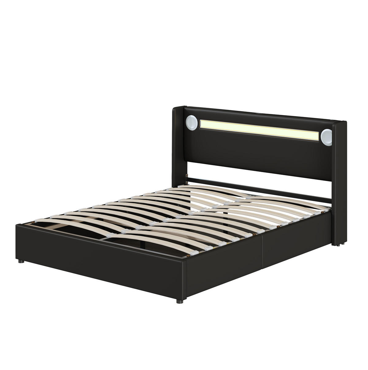 POLSTERBETT mit Stauraum 160x200 cm PU-Leder Schwarz mit LED Bluetooth/USB - Schwarz, Metall (160/200cm) - Meubliv