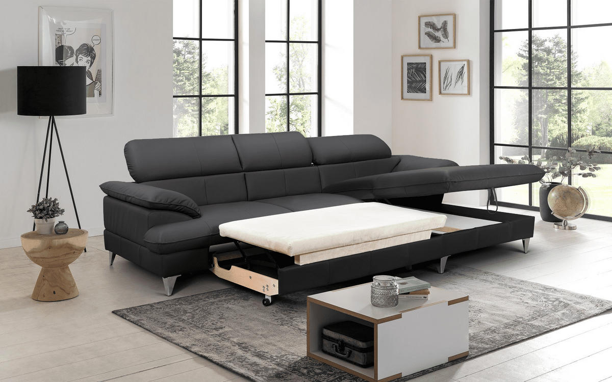 ECKSOFA mit Schlaffunktion und Bettkasten, Echtleder - Chromfarben/Schwarz, Leder/Holz (167/254cm) - Cotta
