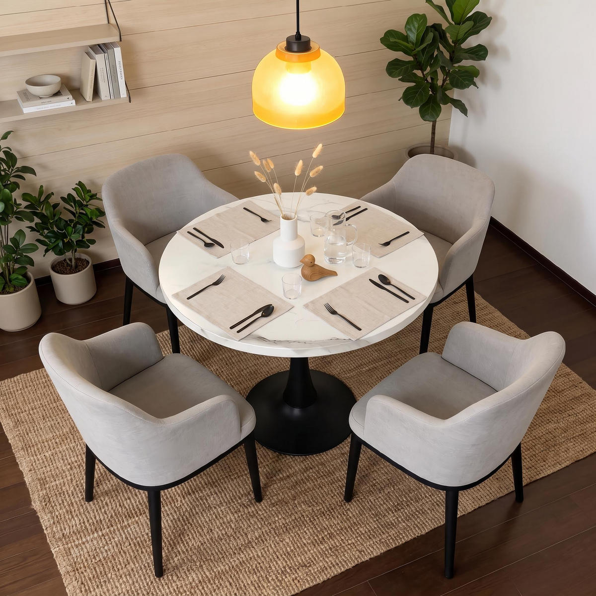 ESSTISCH 80 cm, Runder Küchentisch für 2–4 Personen, Marmoroptik in Weiß, Holz und schwarzes Metallgestell - Weiß, Stein/Metall (80/80/75cm) - Meubles Cosy