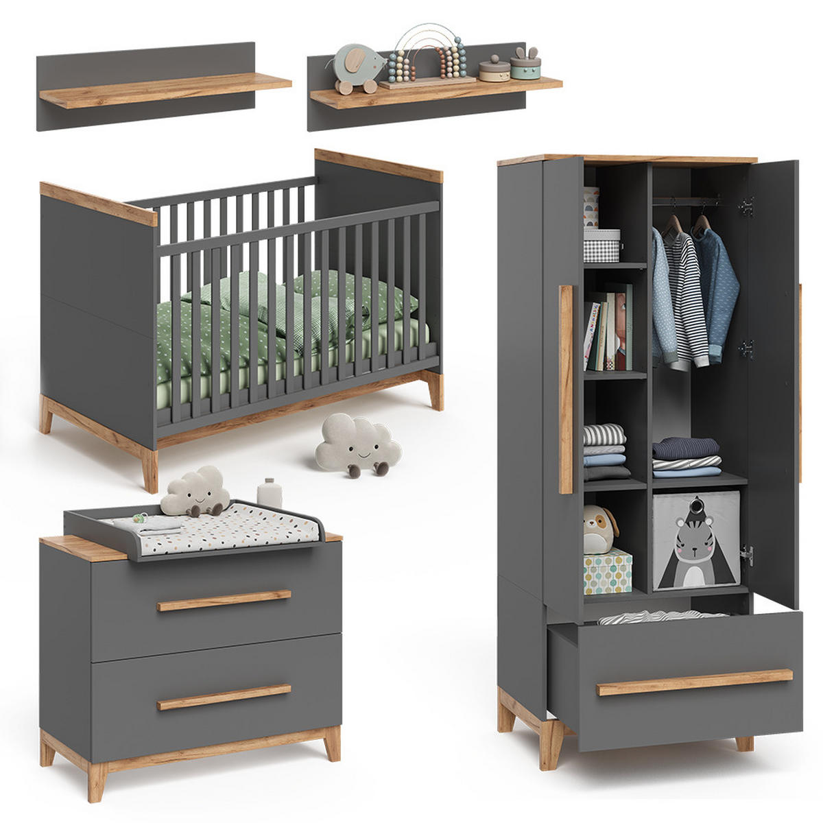 SADA PRO DĚTSKÝ POKOJ Malia Šedá/dubová - šedá/barva dubu, kompozitní dřevo (70/187/50cm) - VitaliSpa