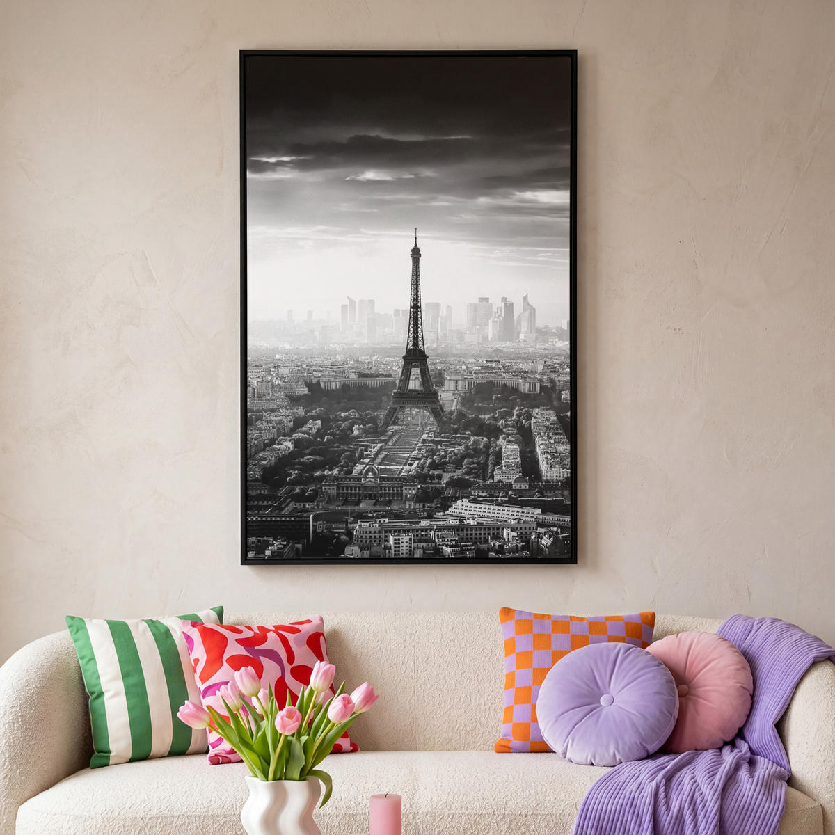 LEINWAND Bilder mit Rahmen - Paris - Skyline - Eiffelturm - Stadt - Wolken - 100x150 - Dunkelgrau, Textil (100/150cm) - MuchoWow