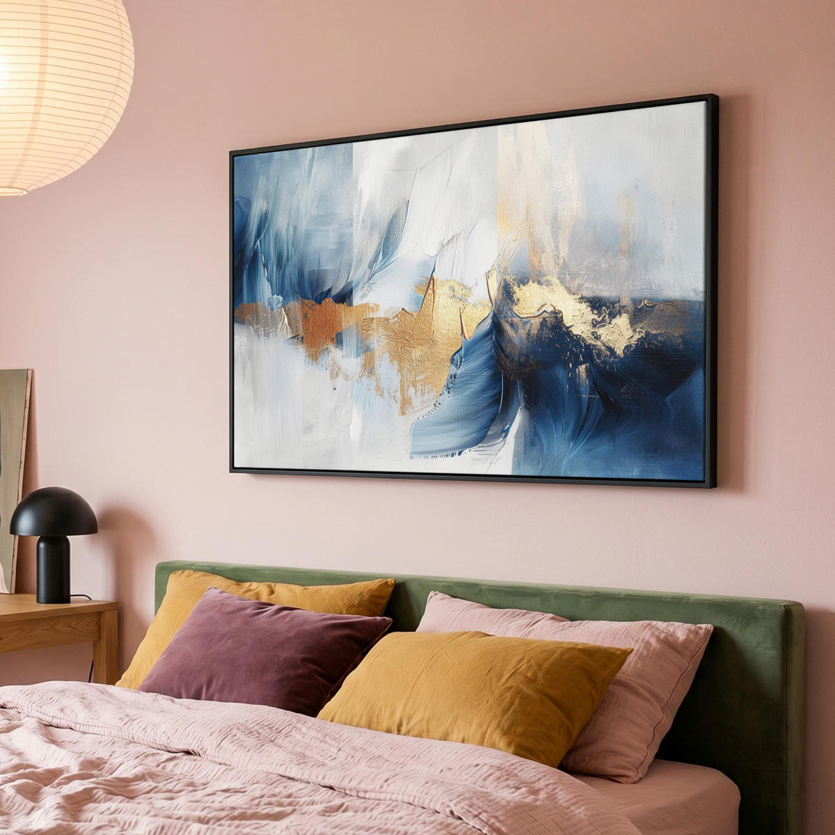 LEINWAND Bilder mit Rahmen - Gold - Blau - Aquarell - Kunst - Modern - 120x80 - Hellblau, Textil (120/80cm) - MuchoWow