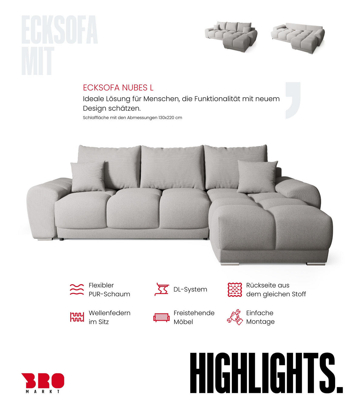 ECKSOFA Nubes mit Schlaffunktion Hellgrau - Silberfarben/Hellgrau, Kunststoff/Textil (290/180cm) - Bromarkt