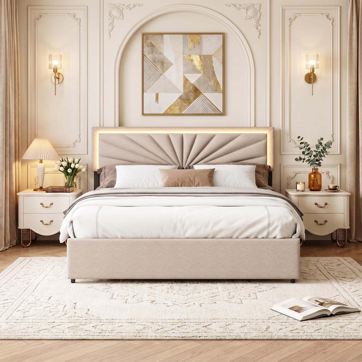POLSTERBETT 160x200 cm mit Stauraum, Doppelbett 160 x 200 mit LED-Beleuchtung, 4 Schubladen, Lattenrost, beige Leinenstoff - Beige, Holz/Holzwerkstoff (160/200cm) - GENKI LIVING
