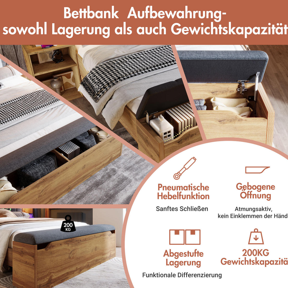 BETT 160/200 cm in Eiche mit Matratze, Nachttischen und Bettbank - Eichefarben, Holzwerkstoff (160/200cm) - Flora Grace