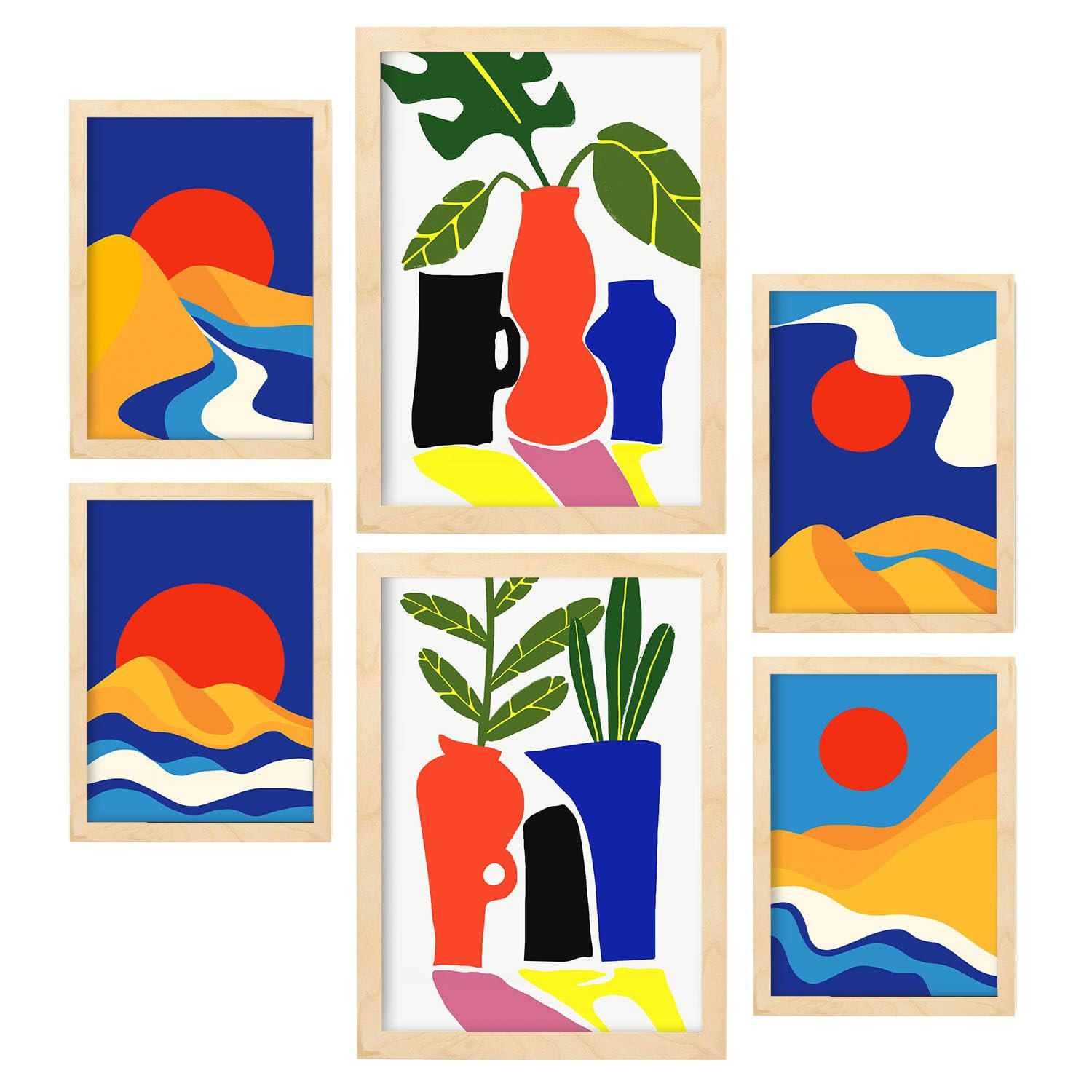 POSTER Set Mit 6 Sanfte abstrakte Landschaften Größe A3 & A4 Rahmen aus hellem Holz - Beige, Papier (29.7/1cm) - Nacnic