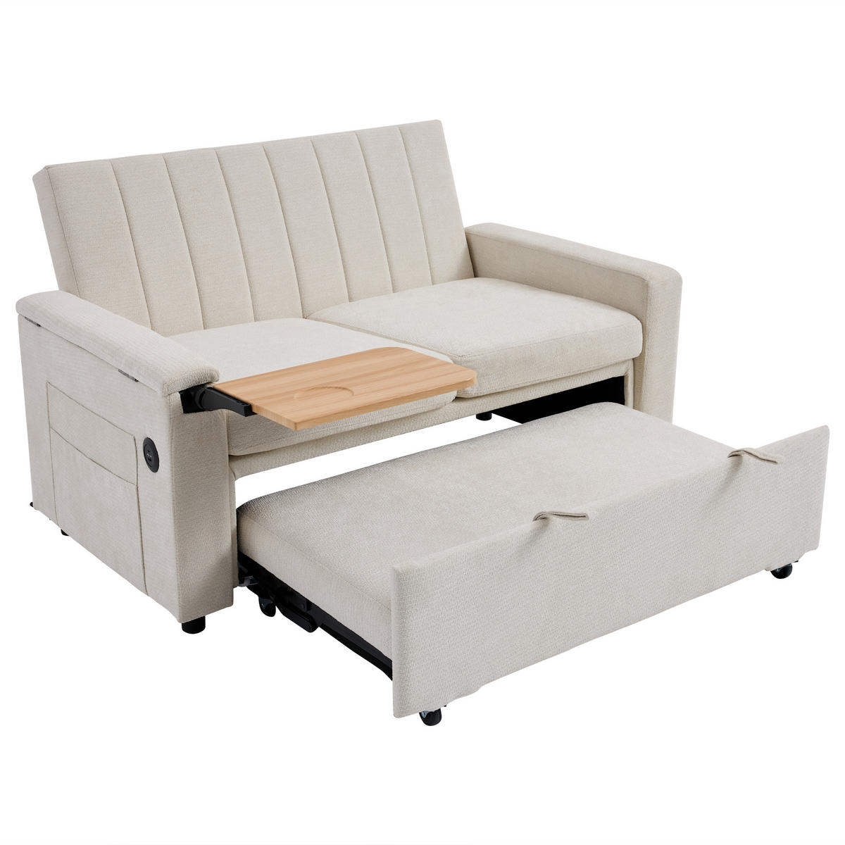 SCHLAFSOFA 140/84.5/84 cm Beige mit Klapptablett, USB & Type-C Ladeanschluss, Seitentaschen und Rollen - Beige, Textil (140/84/84.5cm) - Oxeza