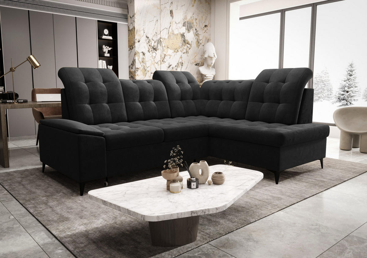 ECKSOFA KONGO RBN16, Eckcouch in L-Form mit Schlaffunktion, Farbe: Graphit, Velourstoff, Ottomane Rechts - Schwarz, Textil (268/210cm) - O-Sofa