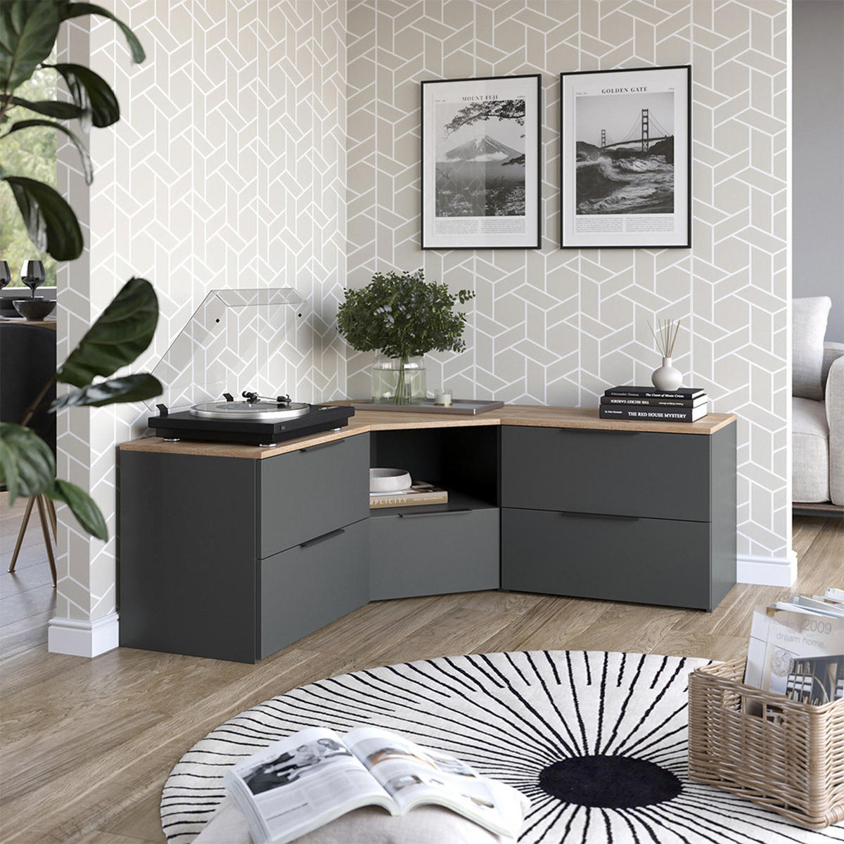 WOHNWAND Wido Anthrazit/Sonoma 3 Teile - Anthrazit/Sonoma Eiche, Holzwerkstoff (68/50/68cm) - Vicco
