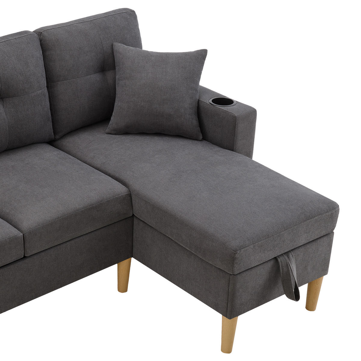 ECKSOFA Leinen Dunkelgrau mit Stauraum, Getränkehaltern und mit Kissen - Dunkelgrau, Holzwerkstoff/Textil (175/129cm) - WISHDOR