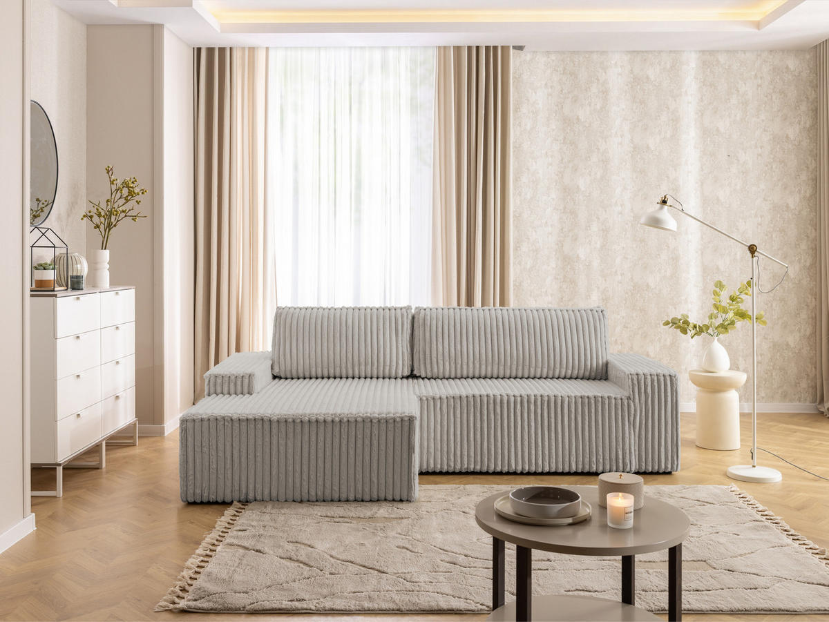 ECKSOFA Rivio mit Schlaffunktion und Bettkasten, Plüschcord Hellgrau - Hellgrau/Schwarz, Holz/Kunststoff (149/262cm) - S-Style