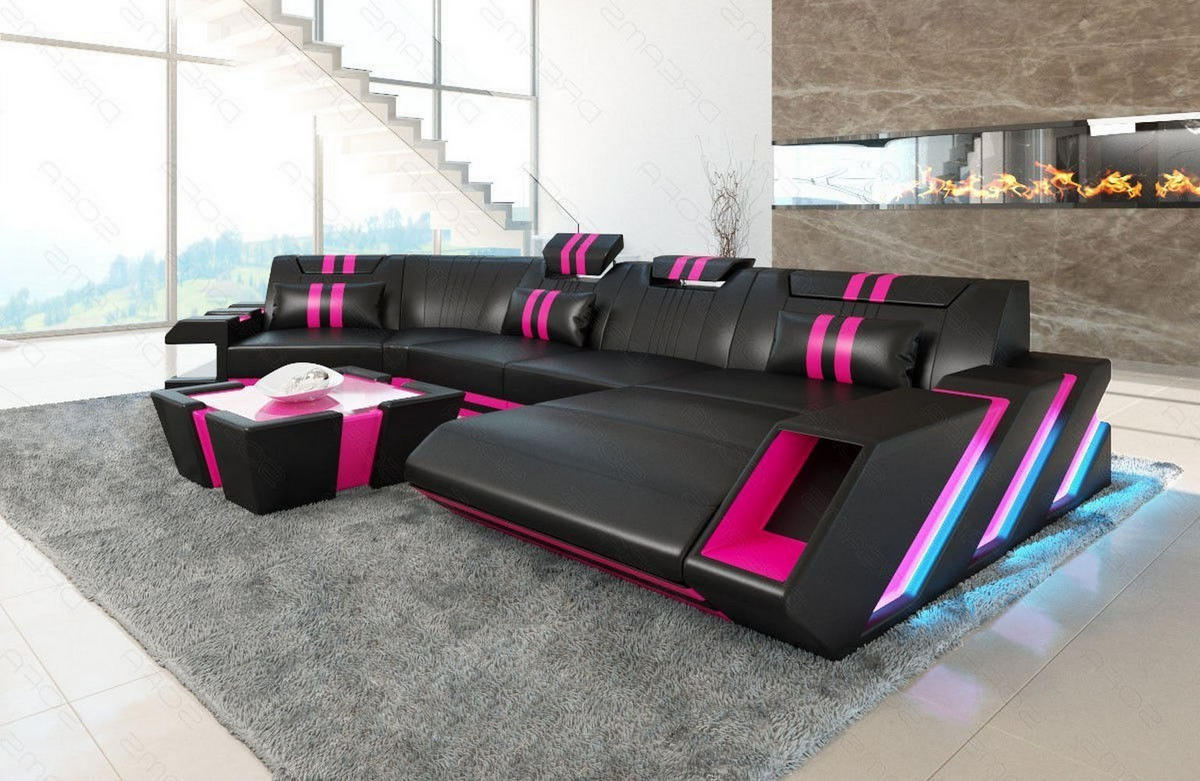 WOHNLANDSCHAFT Apollonia C - Pink/Schwarz, Leder (420/78/190cm) - Sofa Dreams