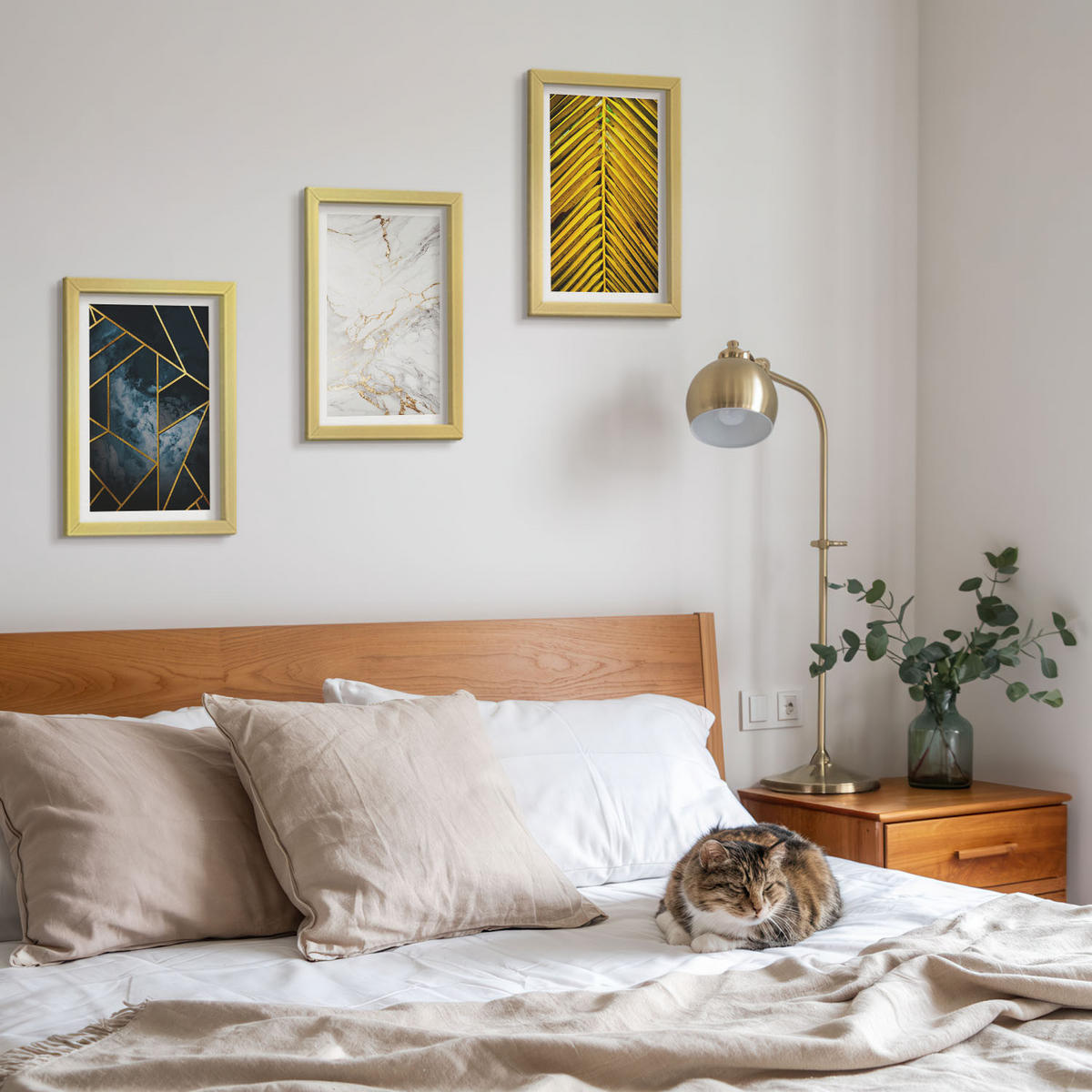 BILDER SET 3er Set - 20x30 cm Goldrahmen - Geometrische Muster und Vegetation - Goldfarben, Kunststoff (20/30cm) - TULUP