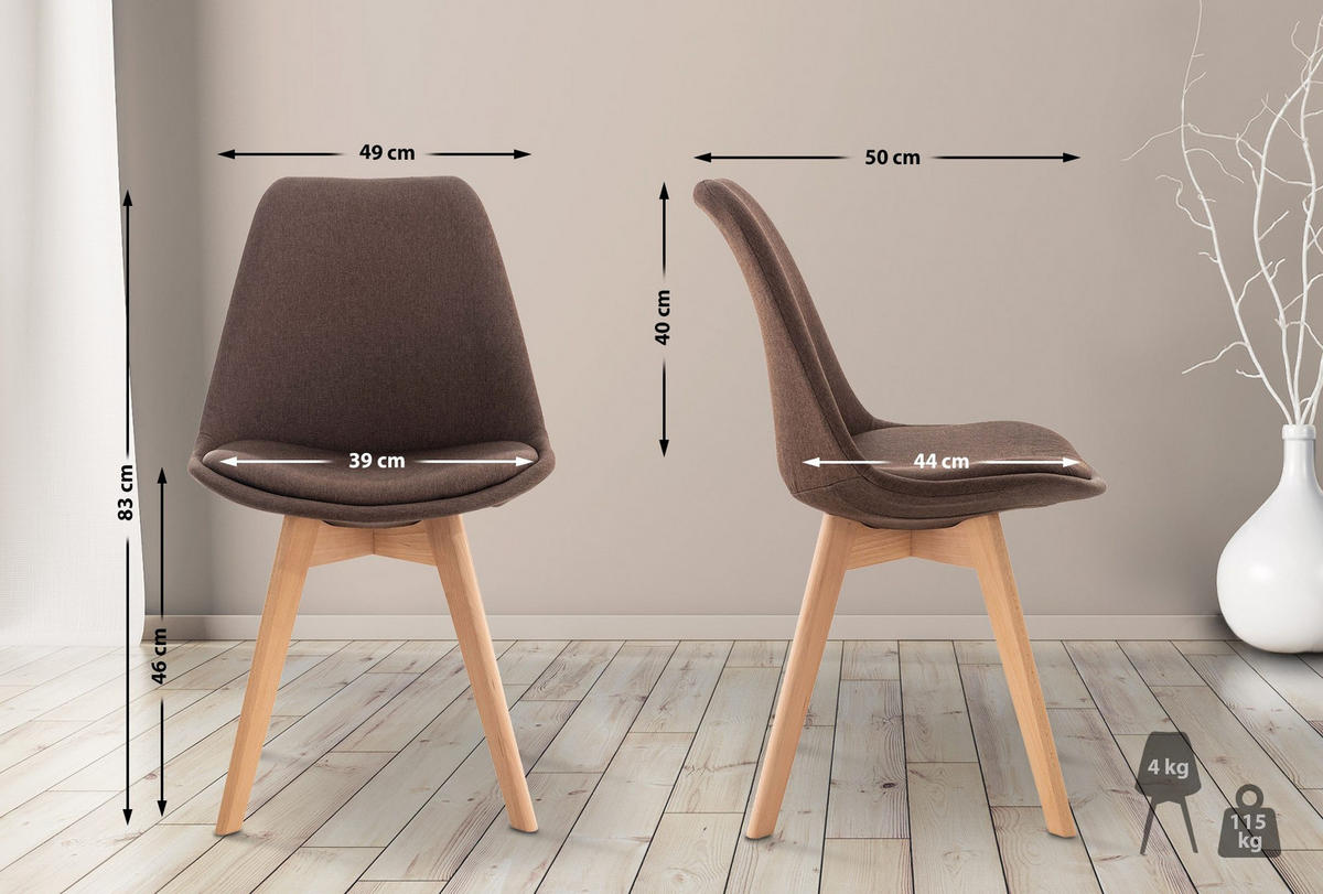 STUHL 4er Set Stoff braun - Eukalyptusholzfarben/Braun, Holz/Textil (49/83/50cm) - CLP