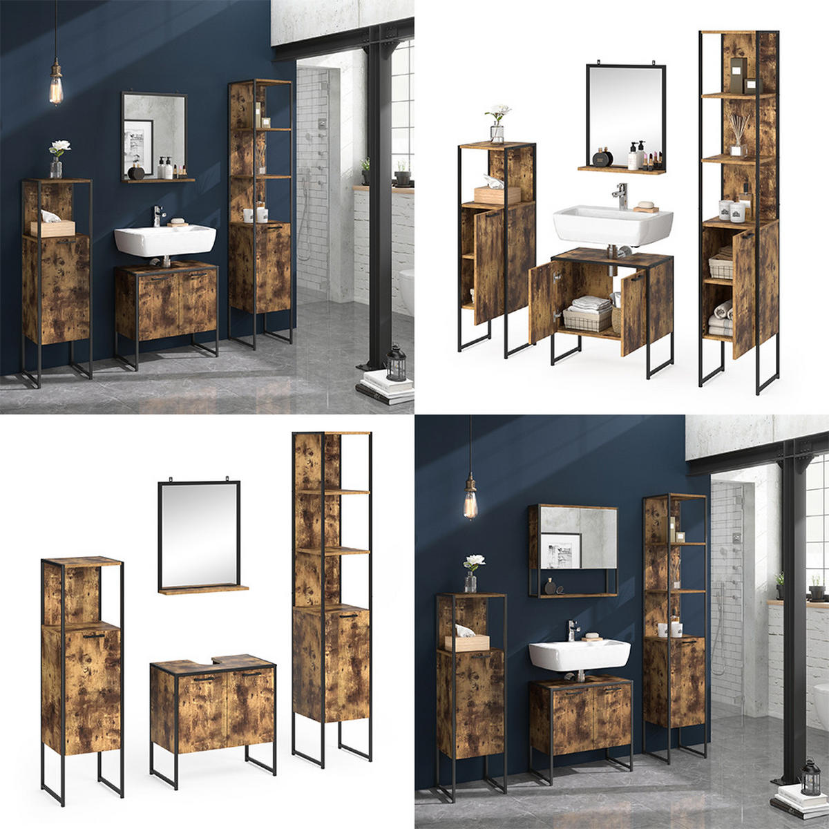 BADMÖBEL-SET Fyrk Antikholz 4 Teile, mit Hochschrank - Alteiche/Schwarz, Holzwerkstoff (60/60/33cm) - Vicco