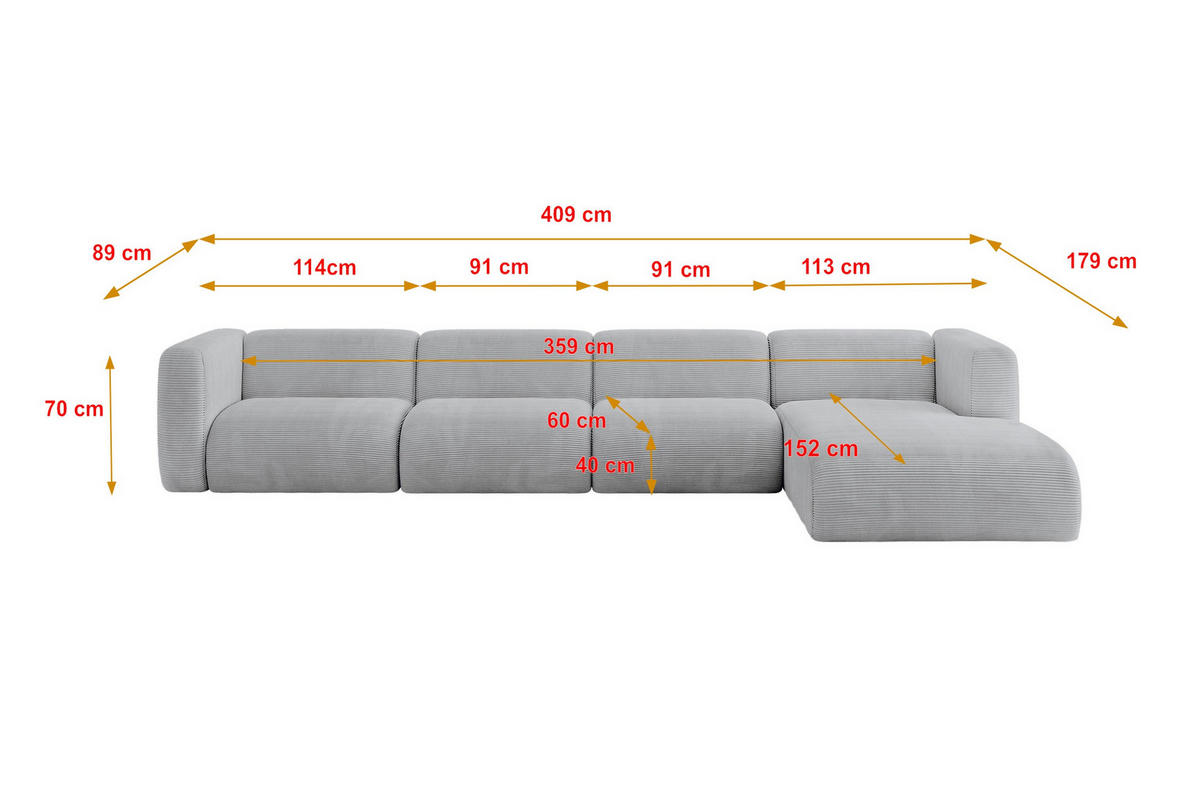ECKSOFA Ottomane Rechts MIRA-L3 409x179x70 Grau Cord - Blaugrau/Schwarz, Holzwerkstoff/Kunststoff (409/179cm) - ALTDECOR