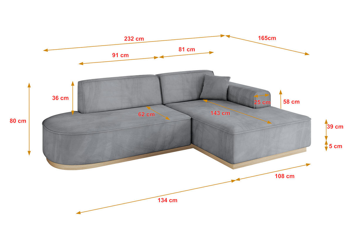 ECKSOFA Ottomane Rechts IREA-L1 - 232x165x80 cm Grau - Titanfarben, Holzwerkstoff/Textil (232/165cm) - ALTDECOR
