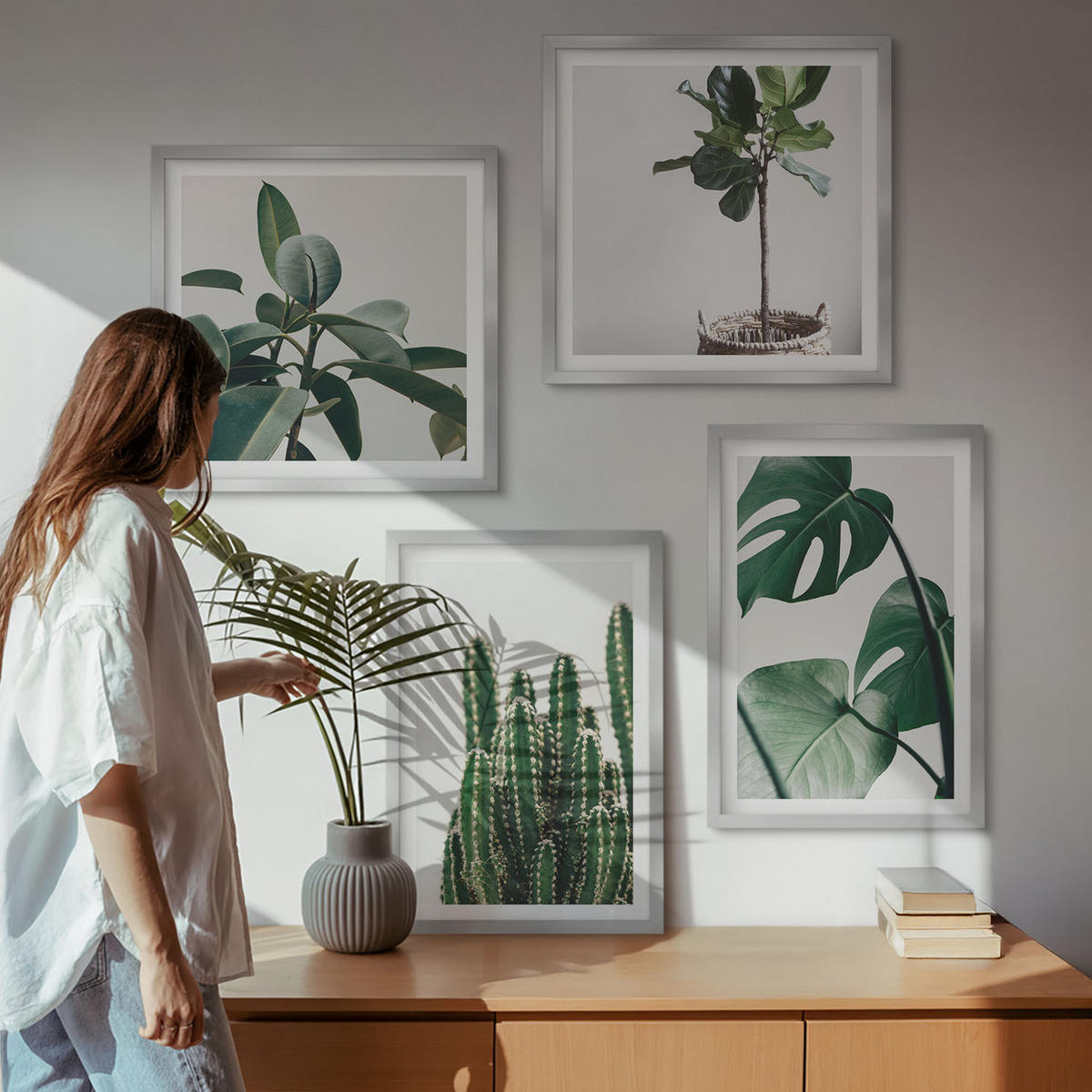 WANDBILDER 4er Set - 50x50 cm & 40x60 cm Silberner Rahmen - Ästhetik tropischer Pflanzen - Silberfarben, Kunststoff (50/50cm) - ArtPrintCave