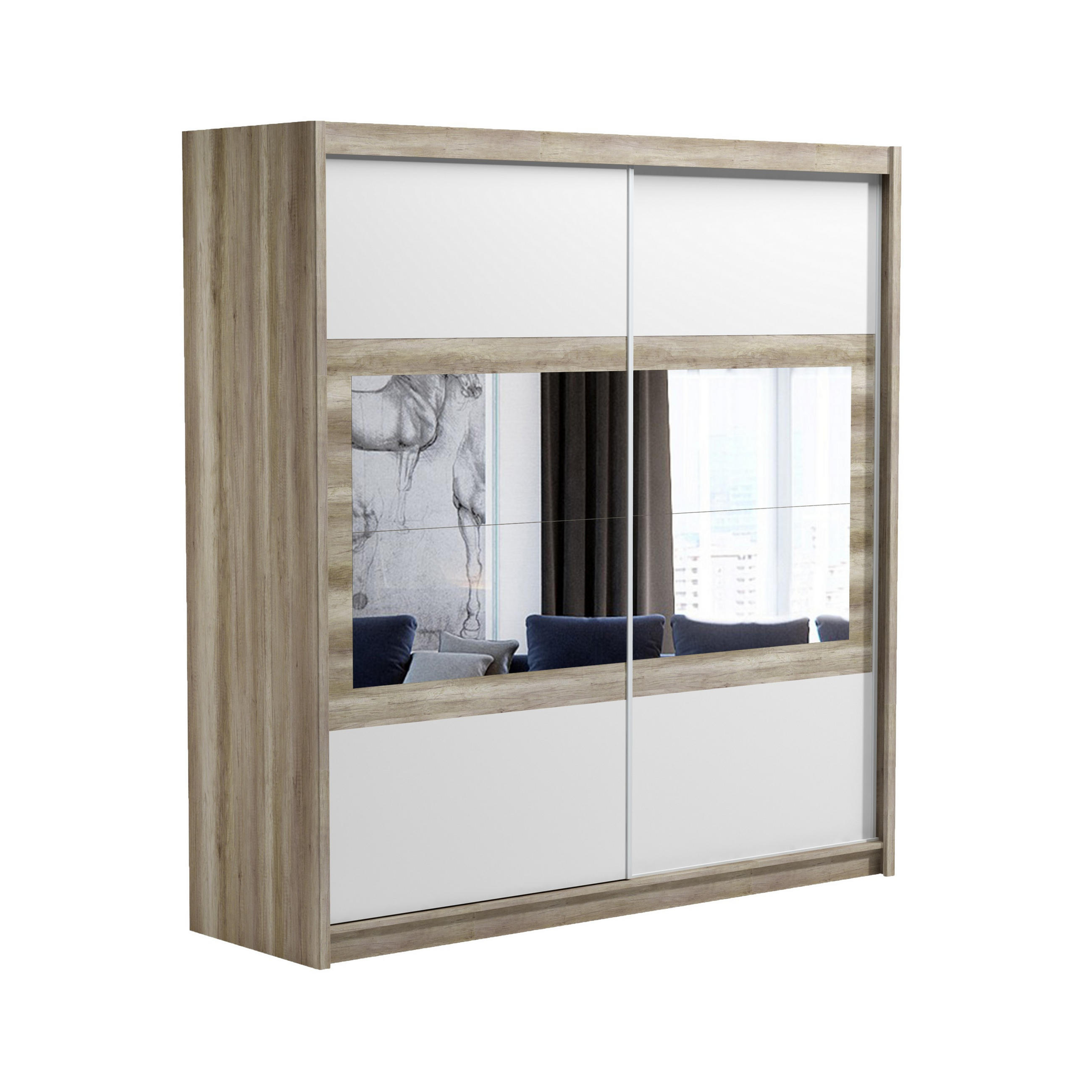 SCHWEBETÜRENSCHRANK POPPY 203/215/61 cm 2-türig mit Spiegel Eichefarben - Eichefarben/Weiß, Holzwerkstoff (203/215/61cm) - MASSENO