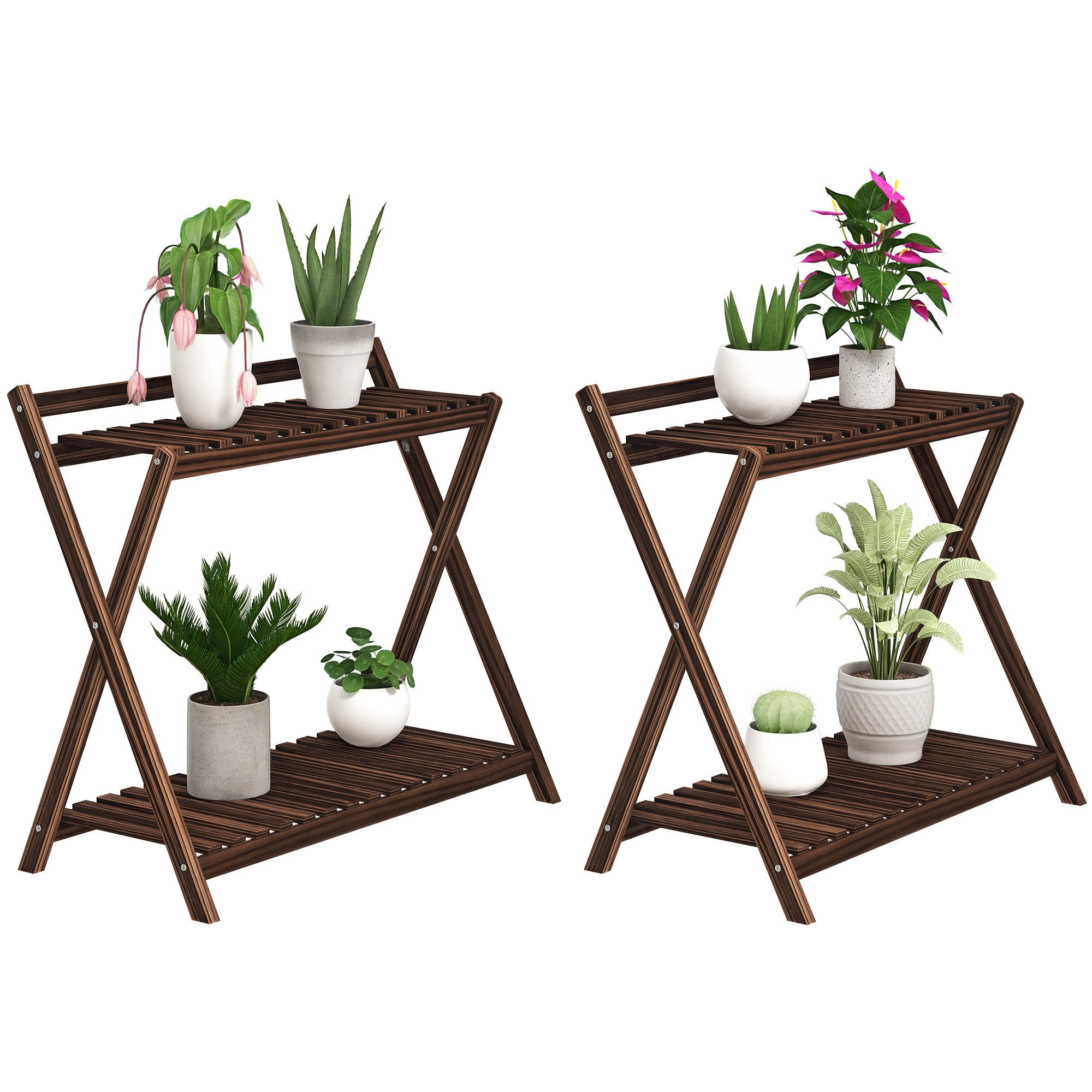 BLUMENTREPPE-SET DE-12199 2er-Set, 2-stufig mit Rückhaltebügel Braun - Braun, Holz (36/64/73cm) - ComfortXL
