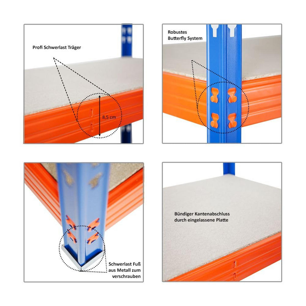 SCHWERLASTREGAL Rhino 2er-Set mit 2x 180x200x60 cm 5 Spanplatten-Ebenen 8mm Fachlast 500 kg Blau/Orange - Orange, Metall (400/180/60cm) - PROREGAL