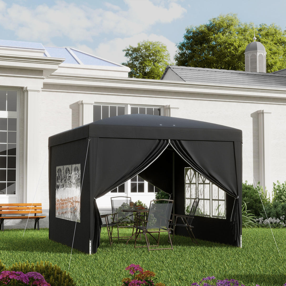 PAVILLON mit 4 Seitenwänden, Oxfordstoff, Stahl, Schwarz - Schwarz, Kunststoff (295/258/295cm) - Outsunny