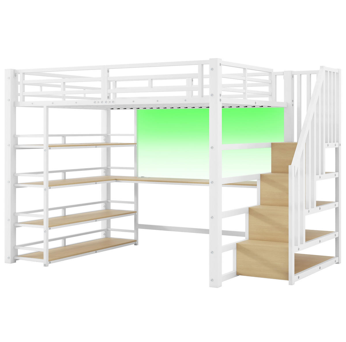 HOCHBETT 140/200 cm aus Metall und MDF mit Schreibtisch, Stauraumtreppe und LED Weiß - Weiß, Holzwerkstoff (140/200cm) - Modenvie
