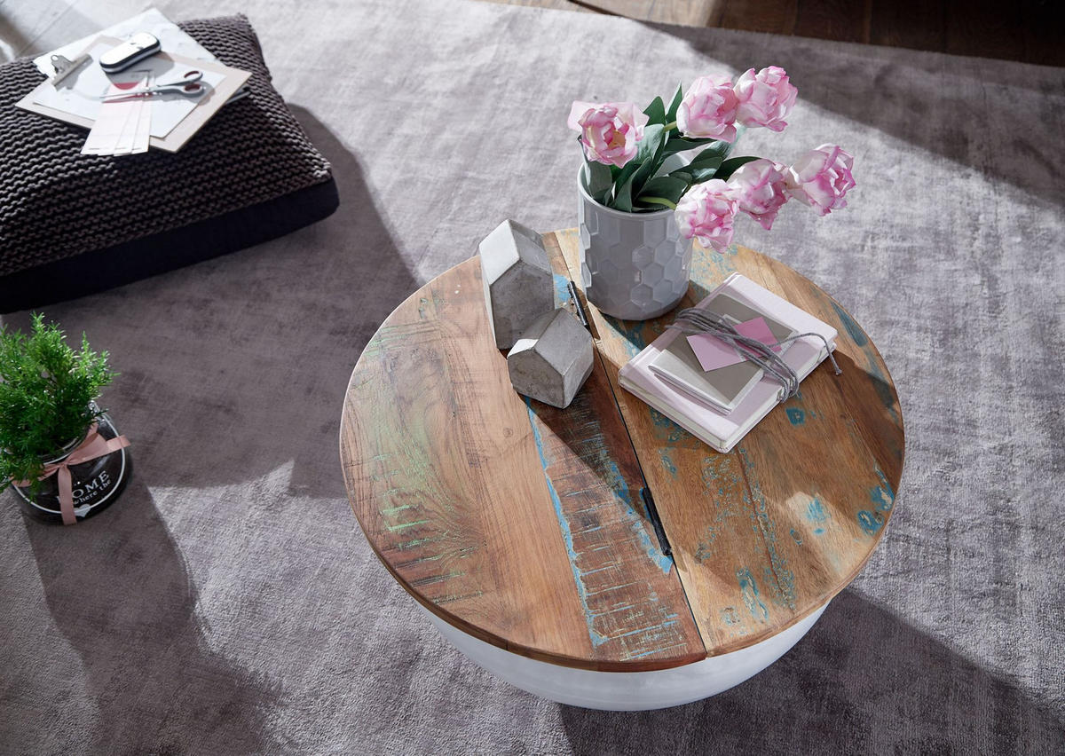 COUCHTISCH Industrie Stil mit klappbarer Tischplatte, Aufbewahrung, Massivholz, Metallkörper, Weiß 60x60x34 cm - Weiß, Holz/Metall (60/60/34cm) - KADIMA DESIGN