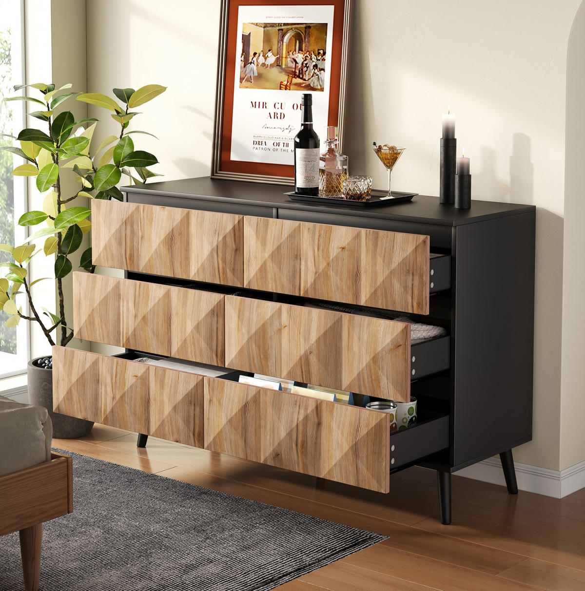 KOMMODE, 6 Schubladen, mit schwarzen Metallbeinen und erhabenen Fronten, 120x40x85 cm, Schwarz und Natur - Naturfarben, Holzwerkstoff (40/85/120cm) - Modfu