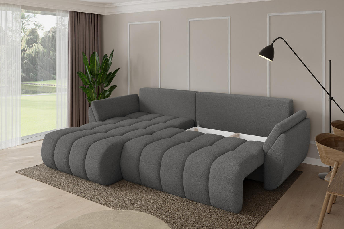 ROHOVÁ SEDAČKA s funkcí spaní, otoman vlevo TOKO-L-v1 277x194x86 šedá bouclé - šedá/černá, kompozitní dřevo/textil (277/194cm) - ALTDECOR