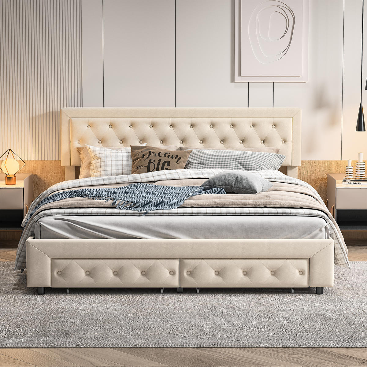 POLSTERBETT 180x200 cm, Beige, Lattenrost und Schubladen - Beige, Textil/Metall (180/200cm)