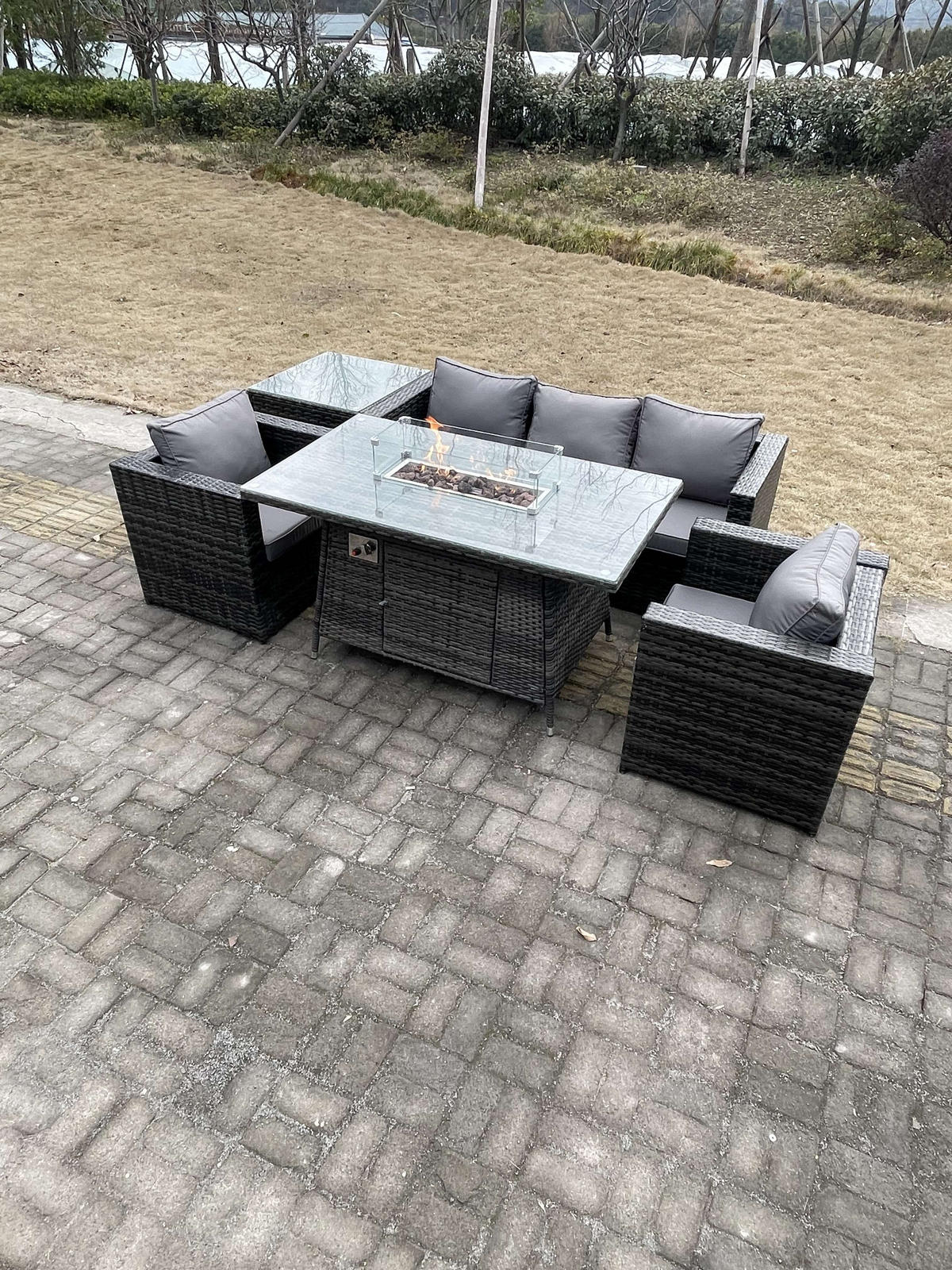 GARTENMÖBEL SET mit Hocker Polyrattan 7-Sitzer - Dunkelgrau/Grau, Glas/Kunststoff - Fimous