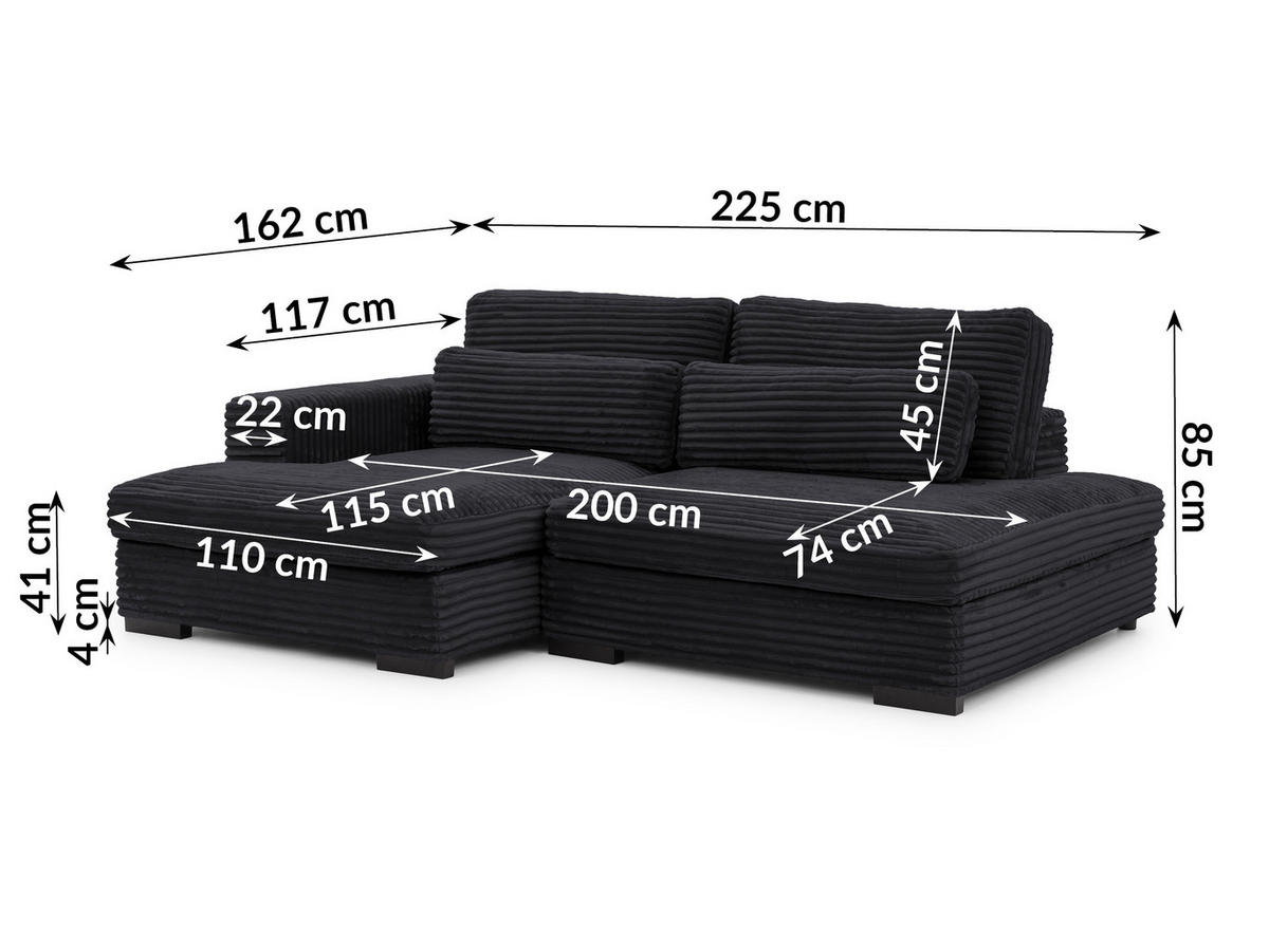 ECKSOFA Wolke mit tiefer Sitzfläche, Schlaffunktion und praktischem Bettkasten aus weichem Schwarz Cordstoff - Schwarz, Holz/Kunststoff (162/225cm) - S-Style