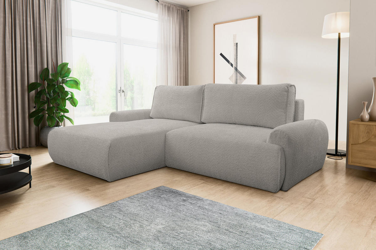 ECKSOFA Moon in L-Form mit Schlaffunktion und Bettkasten, Farbe: Grau, Bouclé-Stoff, Ottomane Links - Grau, Textil (136/260cm) - VENASI MÖBEL