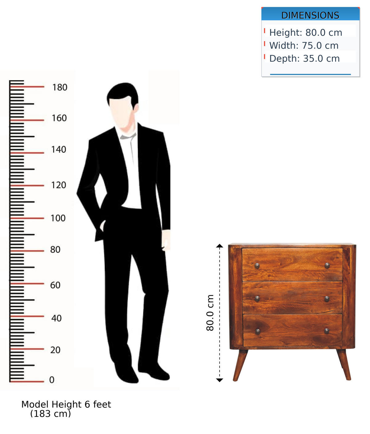 KOMMODE Kastanien-Finish, 3 Schubladen, Braun - Braun, Holz (35/80/75cm) - Artisan Furniture