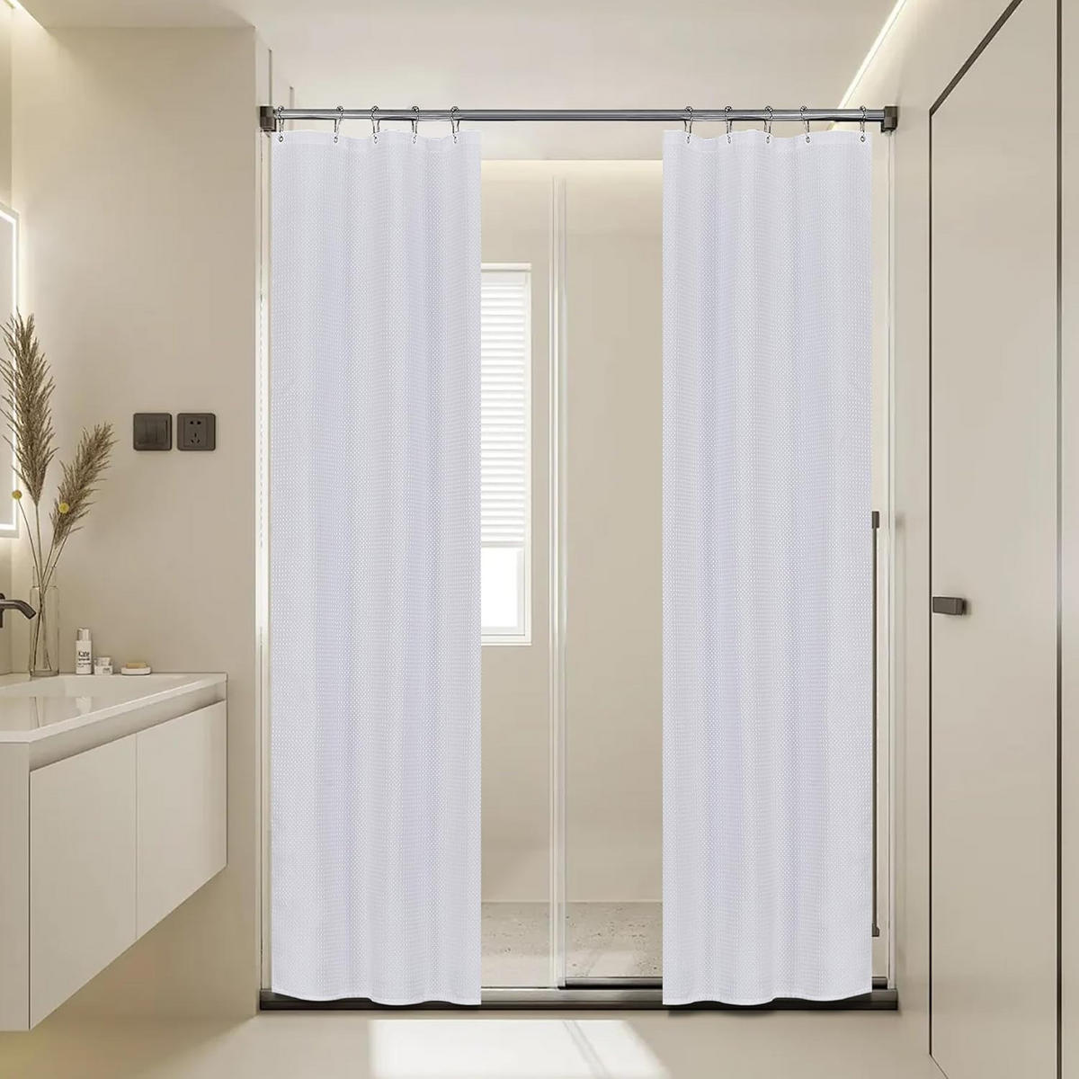DUSCHVORHANG Weiß Waffelstruktur Polyester maschinenwaschbar wasserdicht mit Haken - Weiß, Textil (151/182cm) - MCBOSON