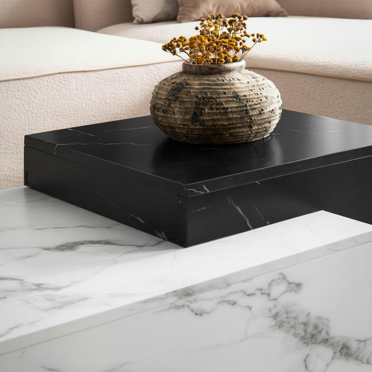 COUCHTISCH Weiß Schwarz Marmor-Optik Modern 120x60x40 cm Zwei Ebenen - Weiß, Holzwerkstoff (60/120/40cm) - KADIMA DESIGN